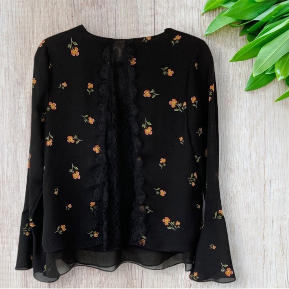 LC Lauren Conrad Tops - LC Lauren Conrad Black Floral V-Neck Lace Back Blouse